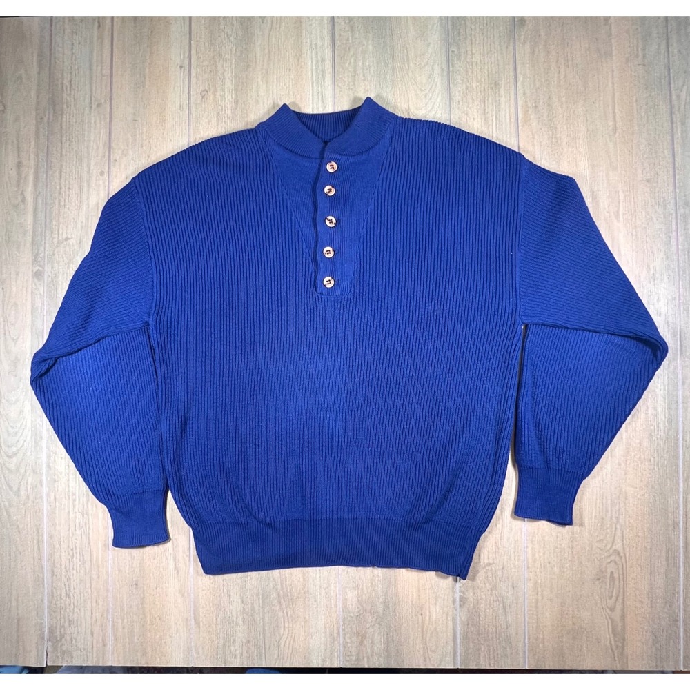 Vintage Castle Square Blue‎ Ribbed LG Cotton Button neck henley made in USA